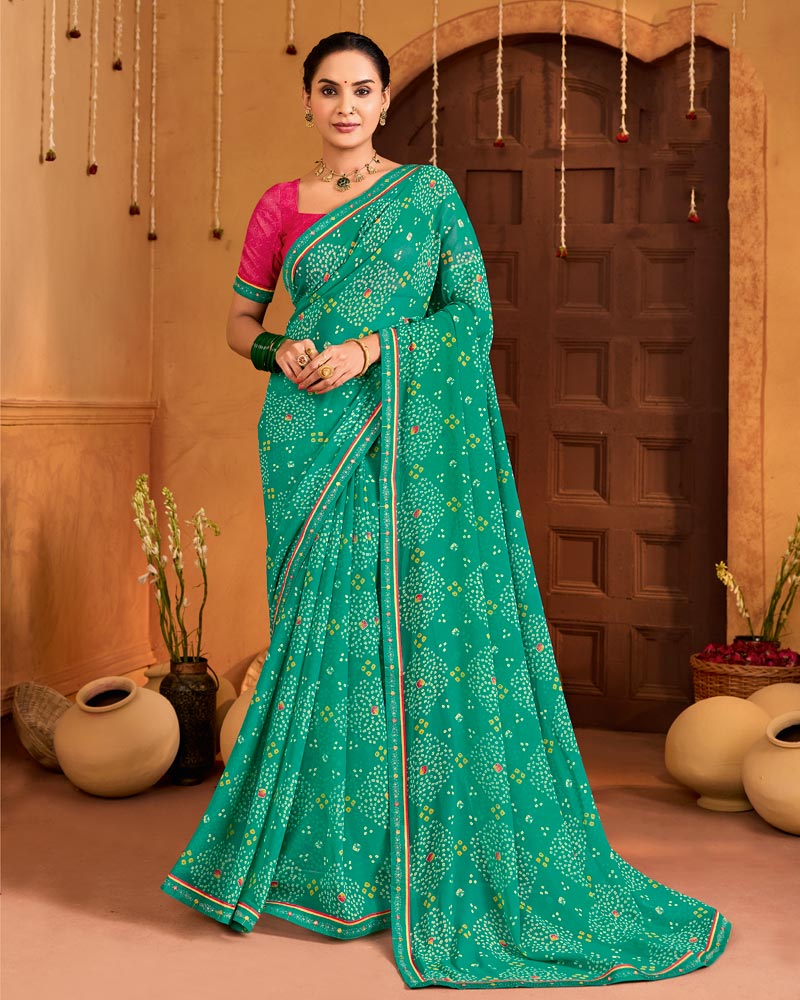 Vishal Prints Teal Green Printed Georgette Saree With Fancy Embroidery Border