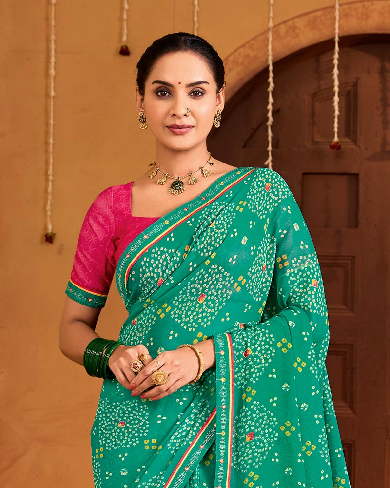 Vishal Prints Teal Green Printed Georgette Saree With Fancy Embroidery Border