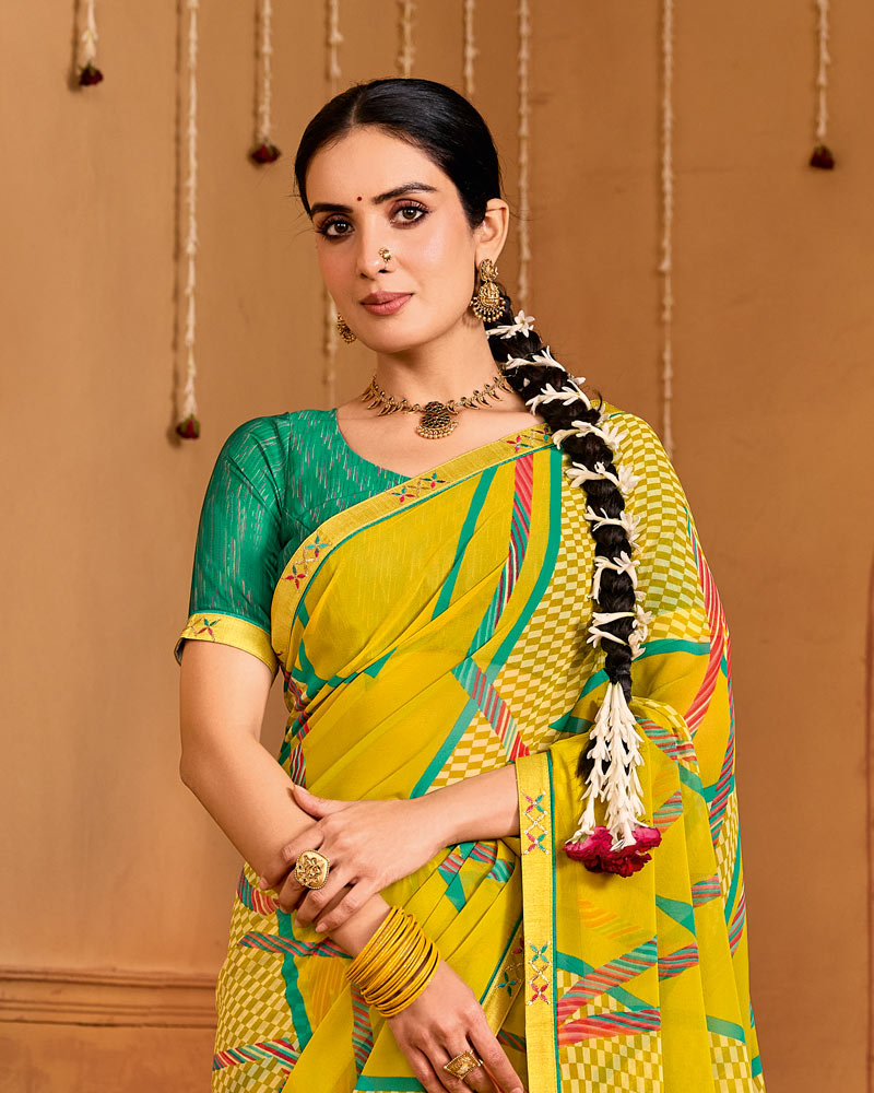 Vishal Prints Butter Yellow Printed Georgette Saree With Fancy Embroidery Border