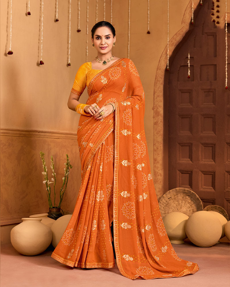 Vishal Prints Dusty Orange Printed Georgette Traditional Print Saree With Fancy Embroidery Border