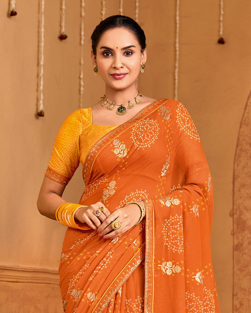 Vishal Prints Dusty Orange Printed Georgette Traditional Print Saree With Fancy Embroidery Border