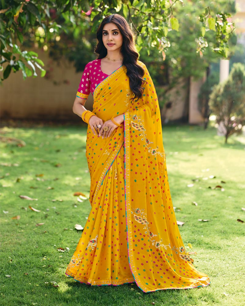 Vishal Prints Bright Yellow Traditional Printed Fancy Chiffon Saree With Foil Print And Embroidery Border