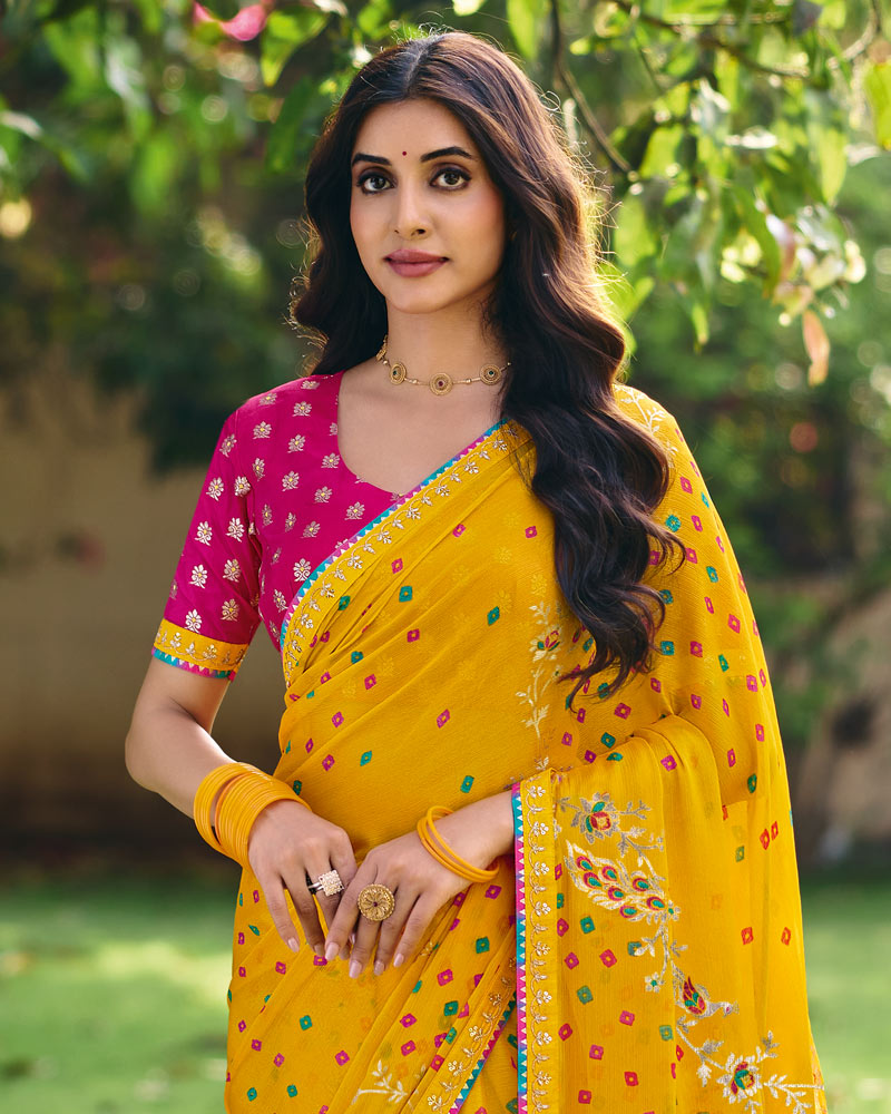 Vishal Prints Bright Yellow Traditional Printed Fancy Chiffon Saree With Foil Print And Embroidery Border