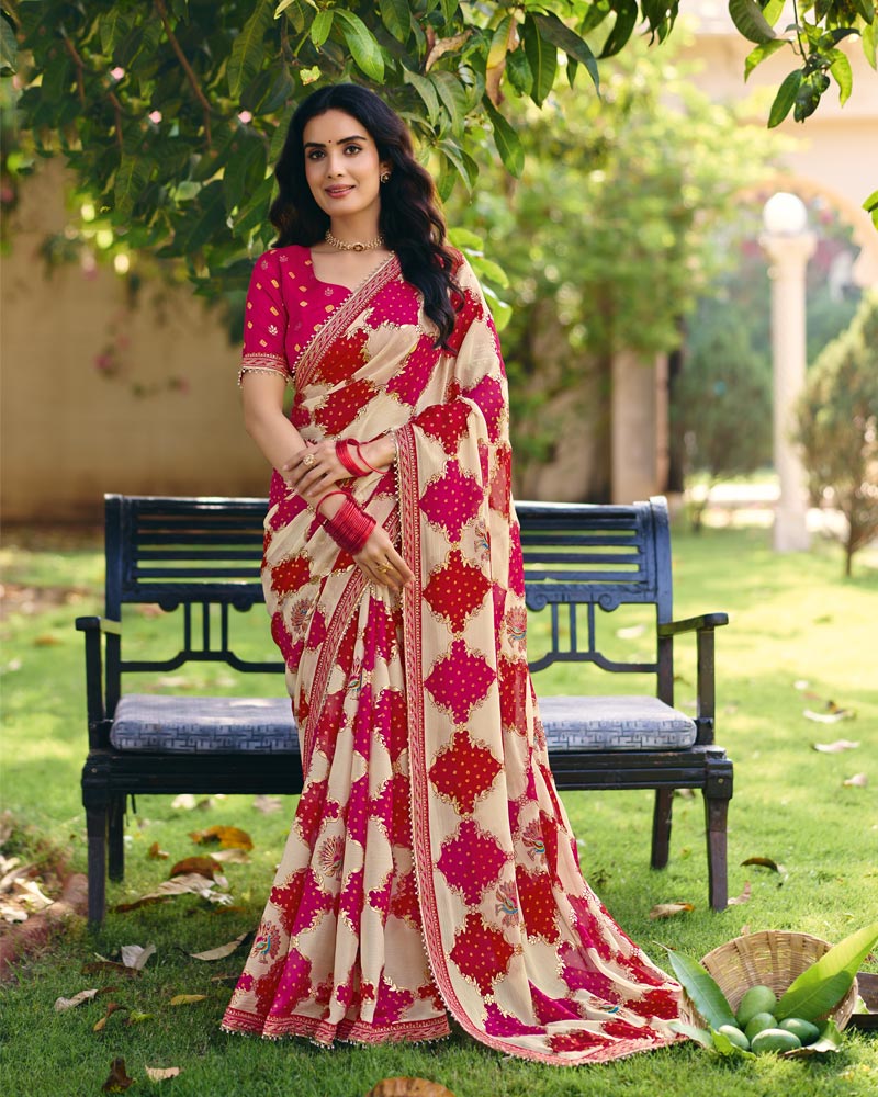 Vishal Prints Beige Printed Fancy Chiffon Saree With Foil Print And Embroidery Border