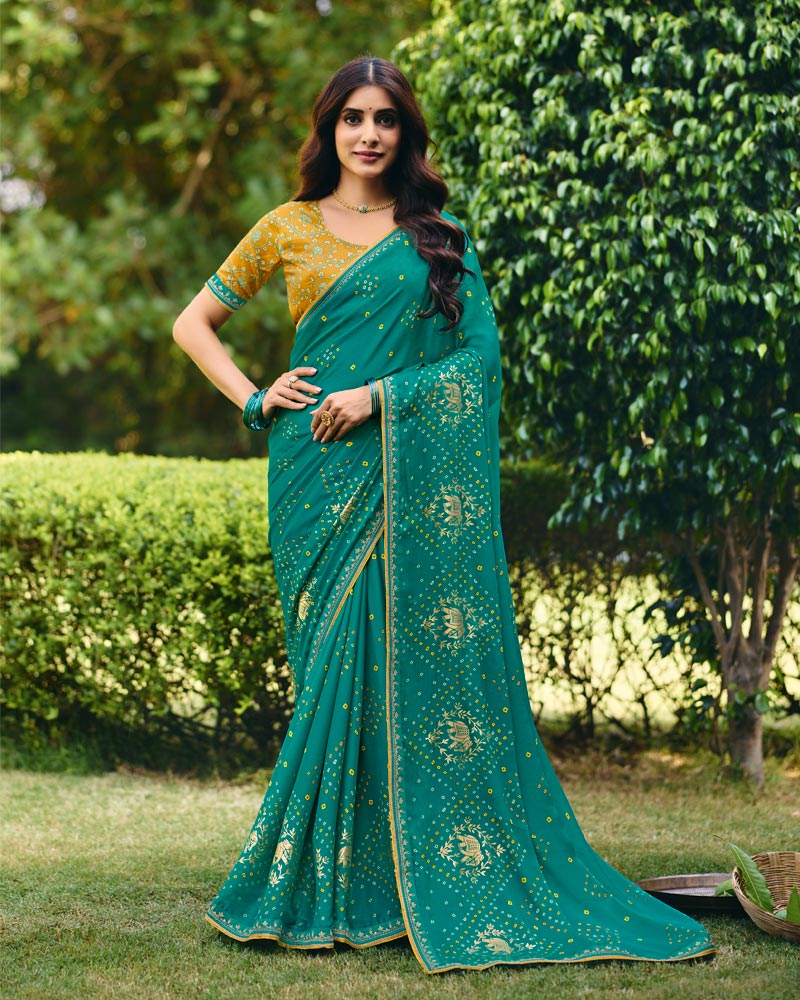 Vishal Prints Teal Blue Traditional Printed Fancy Chiffon Saree With Foil Print And Embroidery Border