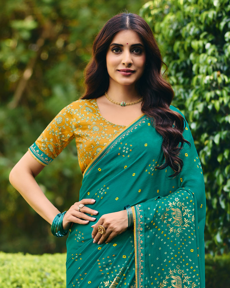 Vishal Prints Teal Blue Traditional Printed Fancy Chiffon Saree With Foil Print And Embroidery Border