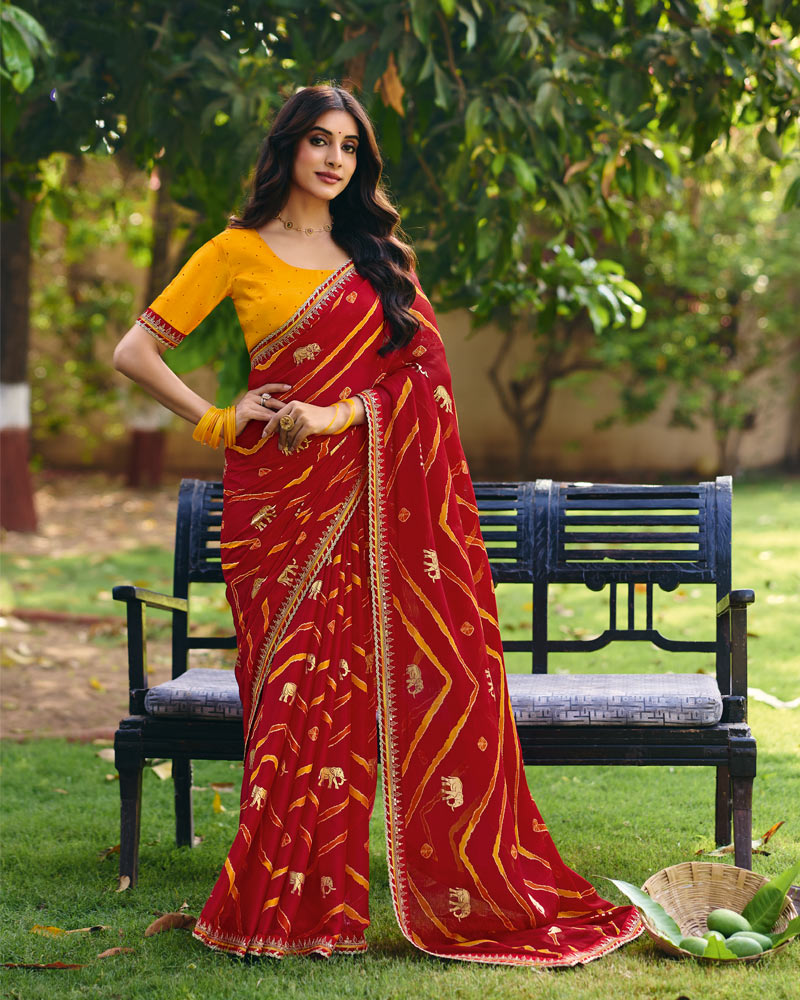 Vishal Prints Bright Red Traditional Printed Fancy Chiffon Saree With Foil Print And Embroidery Border
