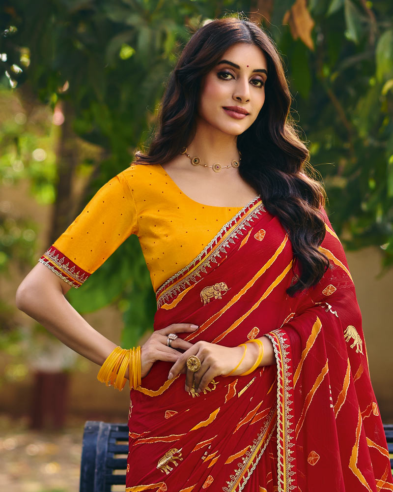 Vishal Prints Bright Red Traditional Printed Fancy Chiffon Saree With Foil Print And Embroidery Border