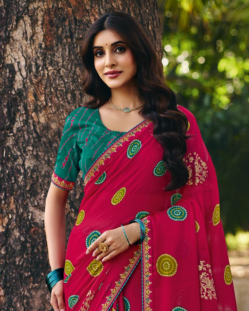 Vishal Prints Rani Pink Printed Fancy Chiffon Saree With Foil Print And Embroidery Border