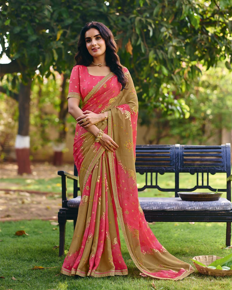 Vishal Prints Light Coral Pink Traditional Printed Fancy Chiffon Saree With Foil Print And Embroidery Border