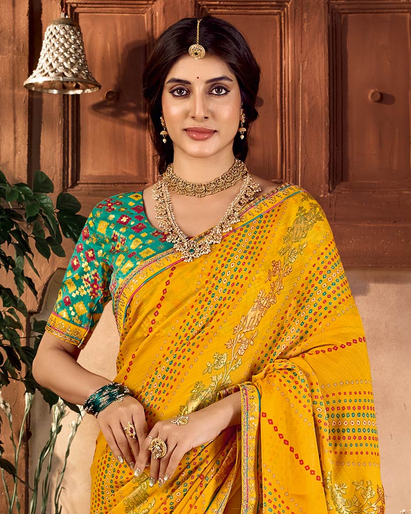 Vishal Prints Dark Mustard Yellow Traditional Printed Fancy Chiffon Saree With Foil Print And Embroidery Border