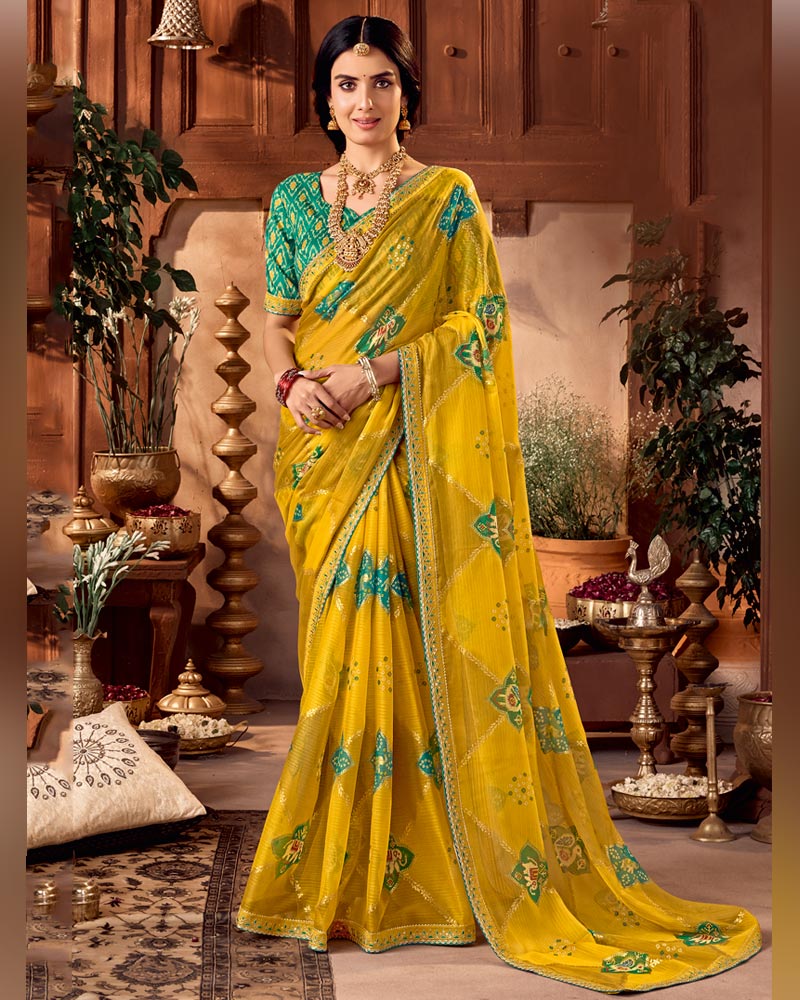 Vishal Prints Burnt Yellow Traditional Printed Fancy Chiffon Saree With Foil Print And Embroidery Border