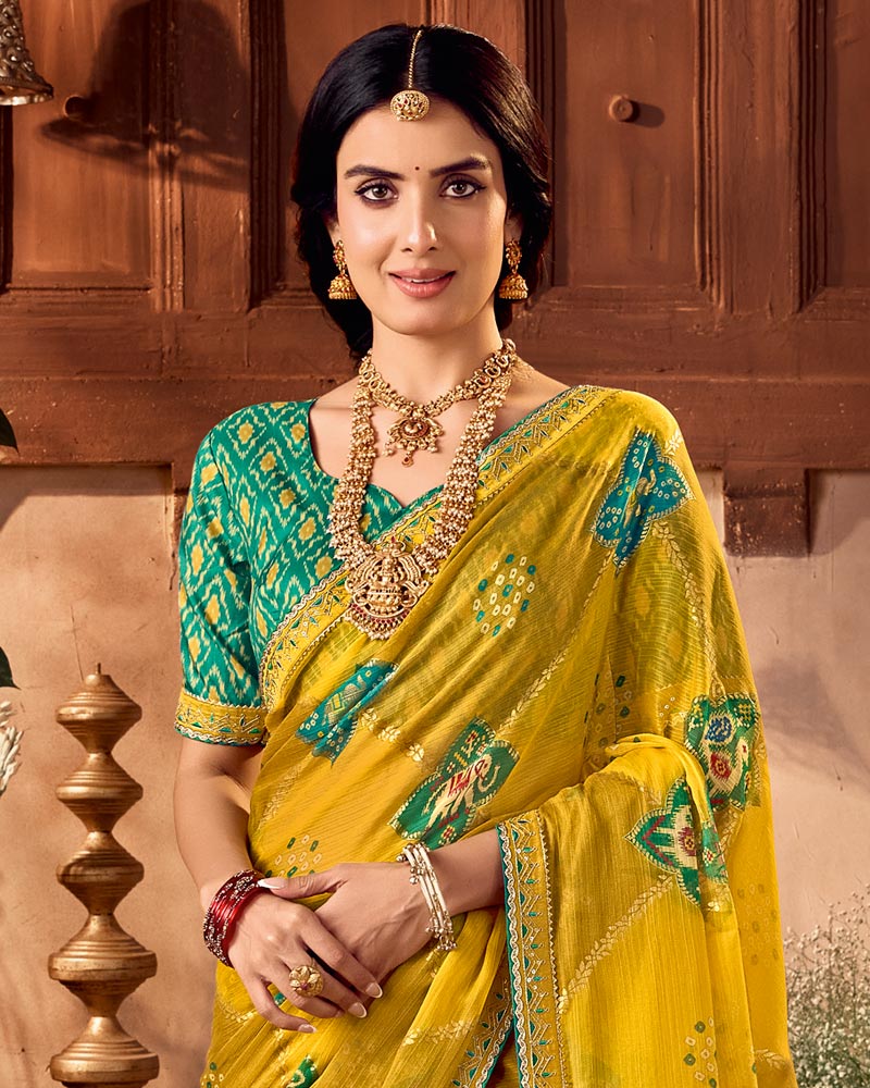 Vishal Prints Burnt Yellow Traditional Printed Fancy Chiffon Saree With Foil Print And Embroidery Border