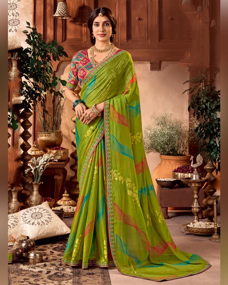 Vishal Prints Mehandi Green Traditional Printed Fancy Chiffon Saree With Foil Print And Embroidery Border