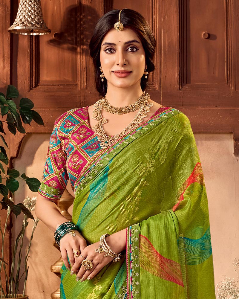 Vishal Prints Mehandi Green Traditional Printed Fancy Chiffon Saree With Foil Print And Embroidery Border