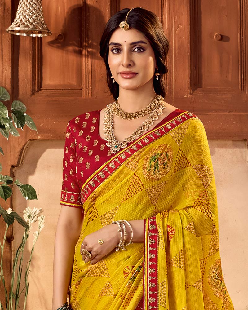 Vishal Prints Brownish Yellow Traditional Printed Fancy Chiffon Saree With Foil Print And Embroidery Border