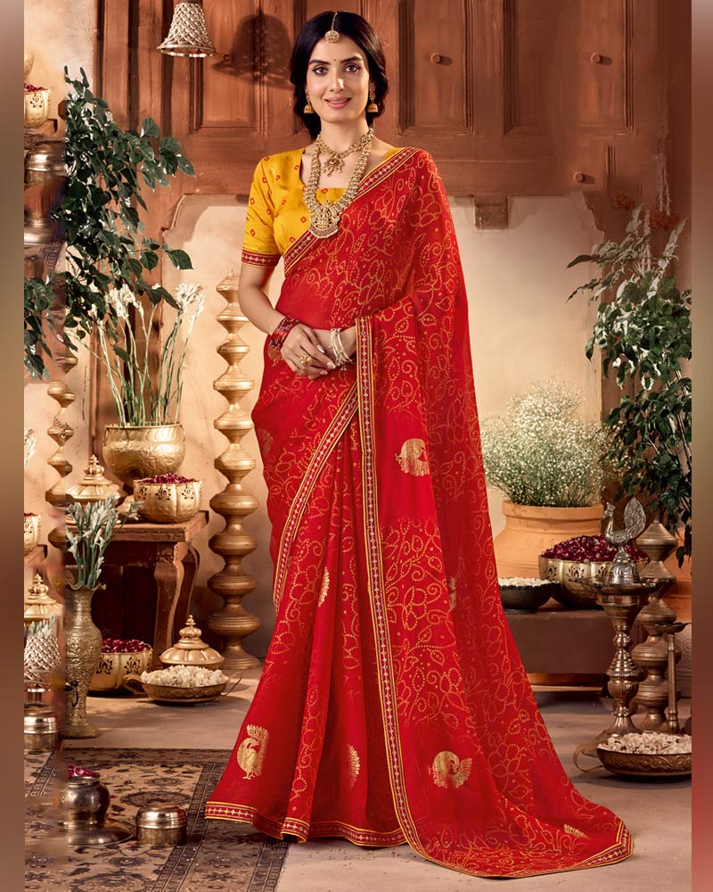 Vishal Prints Venetian Red Traditional Printed Fancy Chiffon Saree With Foil Print And Embroidery Border