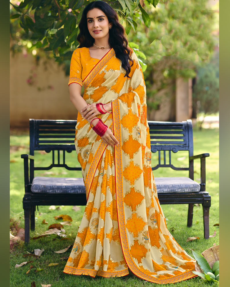 Vishal Prints Yellowish Orange Printed Fancy Chiffon Traditional Print Saree With Foil Print And Embroidery Border