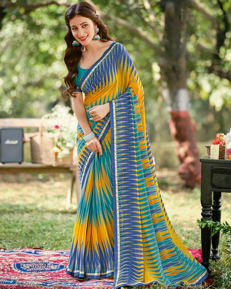 Vishal Prints Denim Blue Printed Georgette Saree With Fancy Border