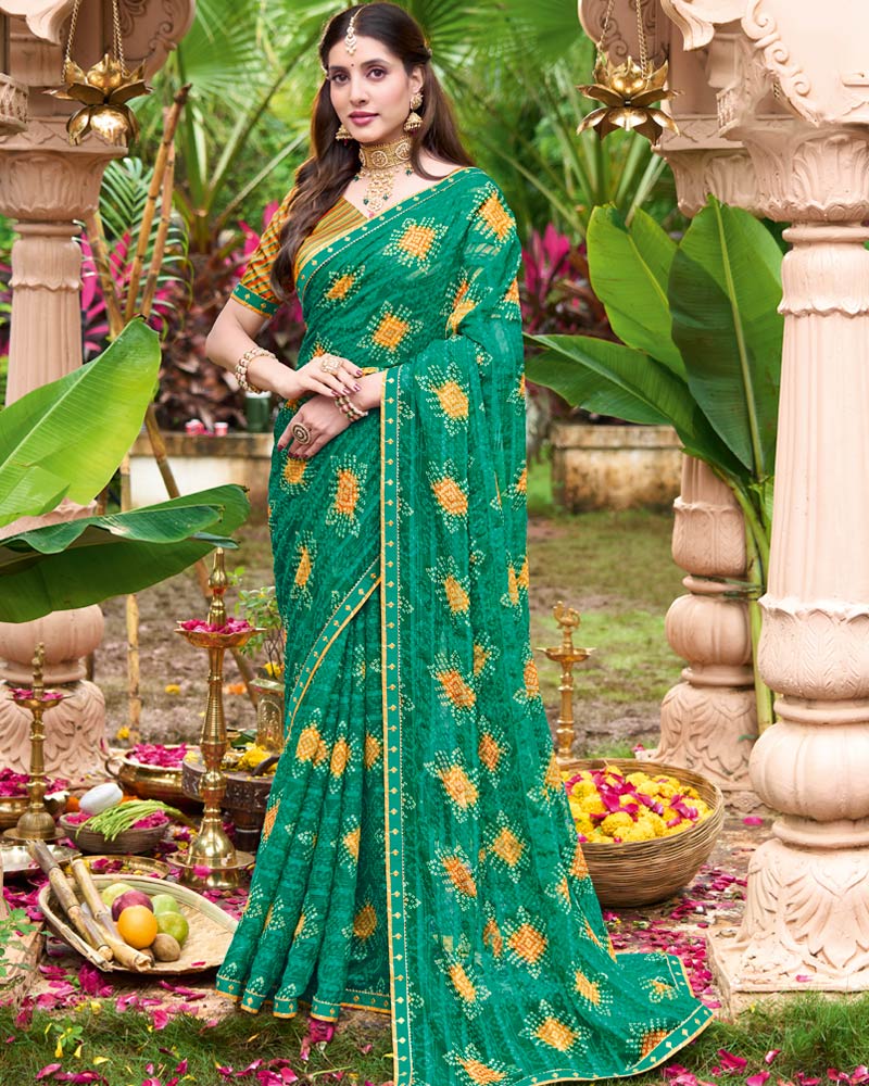 Vishal Prints Tropical Green Printed Chiffon Bandhani Print Saree With Foil Print And Fancy Border