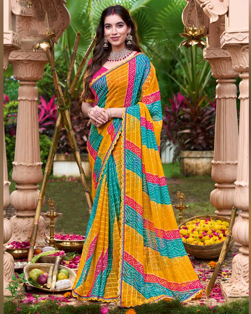 Vishal Prints Multi-Color Printed Chiffon Bandhani Print Saree With Foil Print And Fancy Border