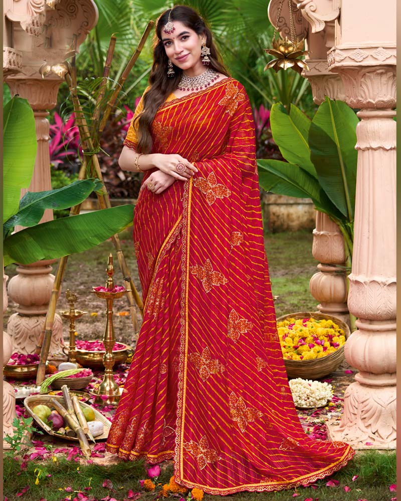 Vishal Prints Lava Red Printed Chiffon Bandhani Print Saree With Foil Print And Fancy Border