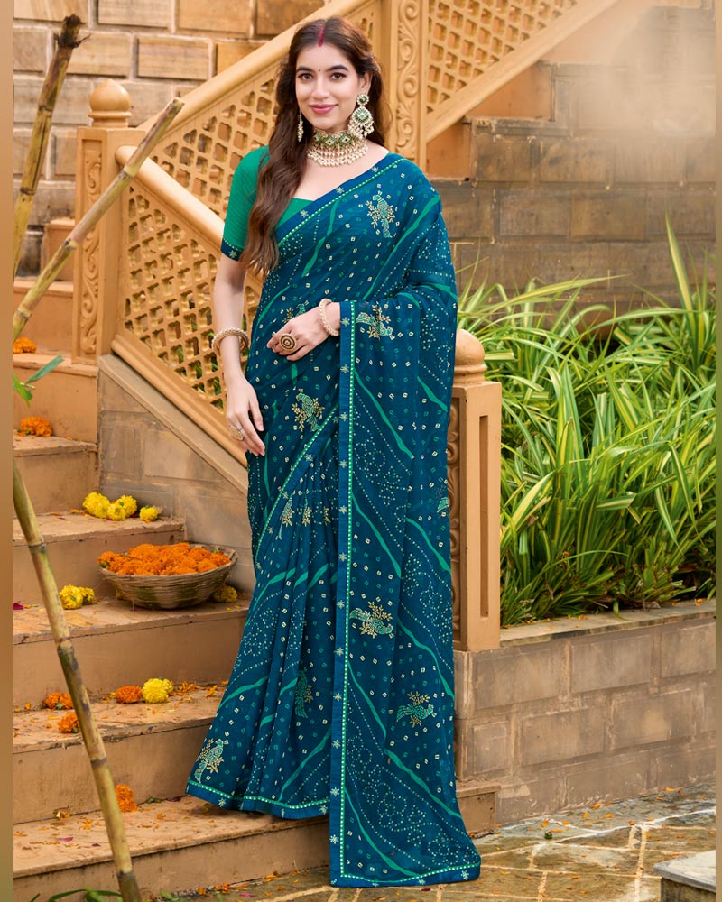 Vishal Prints Astronaut Blue Printed Chiffon Bandhani Print Saree With Foil Print And Fancy Border