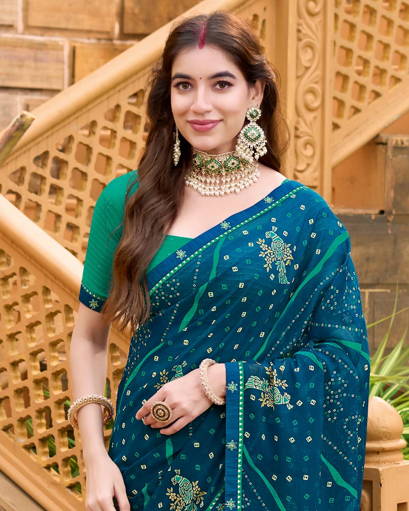 Vishal Prints Astronaut Blue Printed Chiffon Bandhani Print Saree With Foil Print And Fancy Border