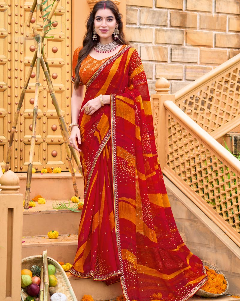 Vishal Prints Milano Red Printed Chiffon Bandhani Print Saree With Foil Print And Fancy Border