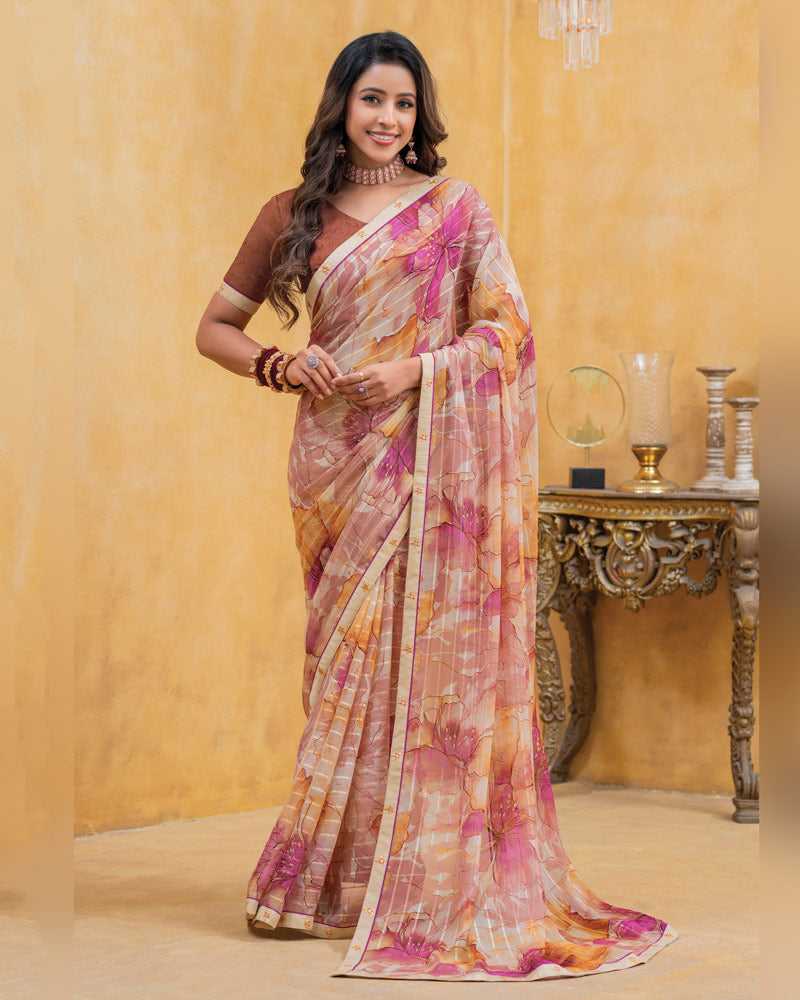 Vishal Prints Pastel Orange Patterned Chiffon Digital Print Saree With Fancy Border