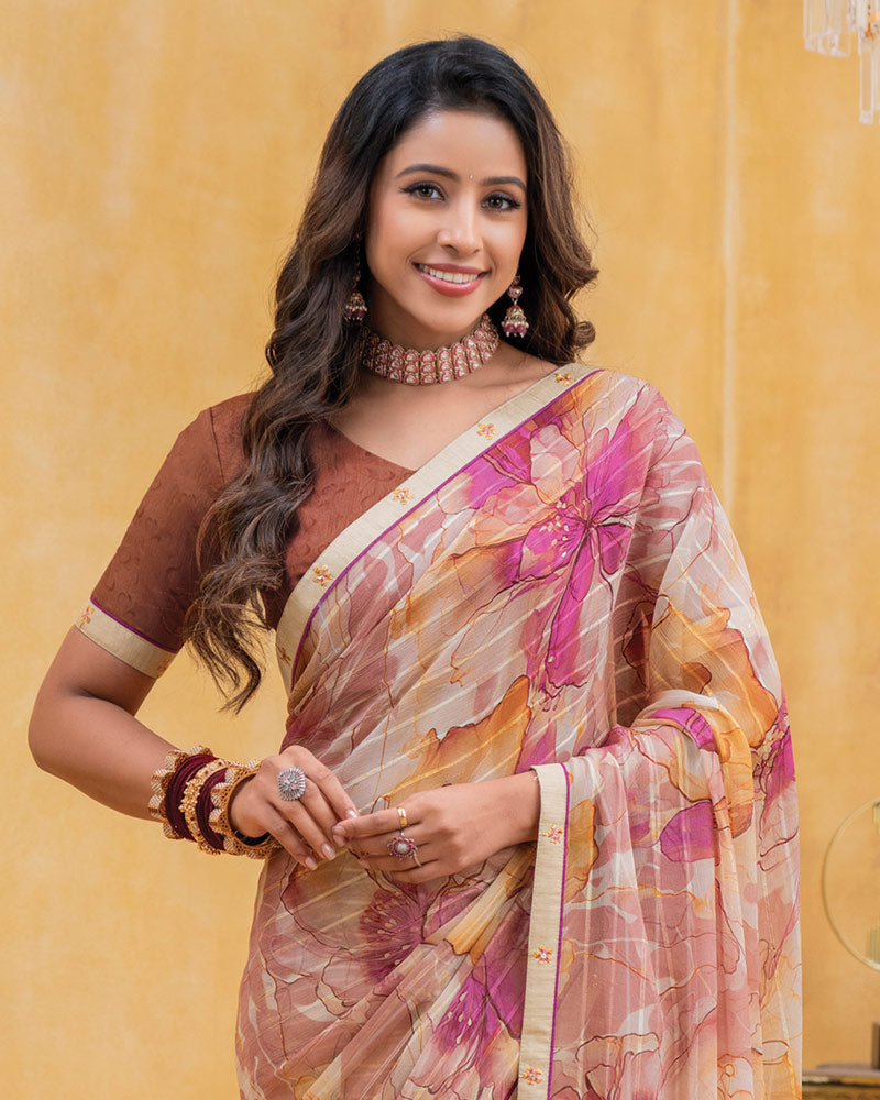 Vishal Prints Pastel Orange Patterned Chiffon Digital Print Saree With Fancy Border