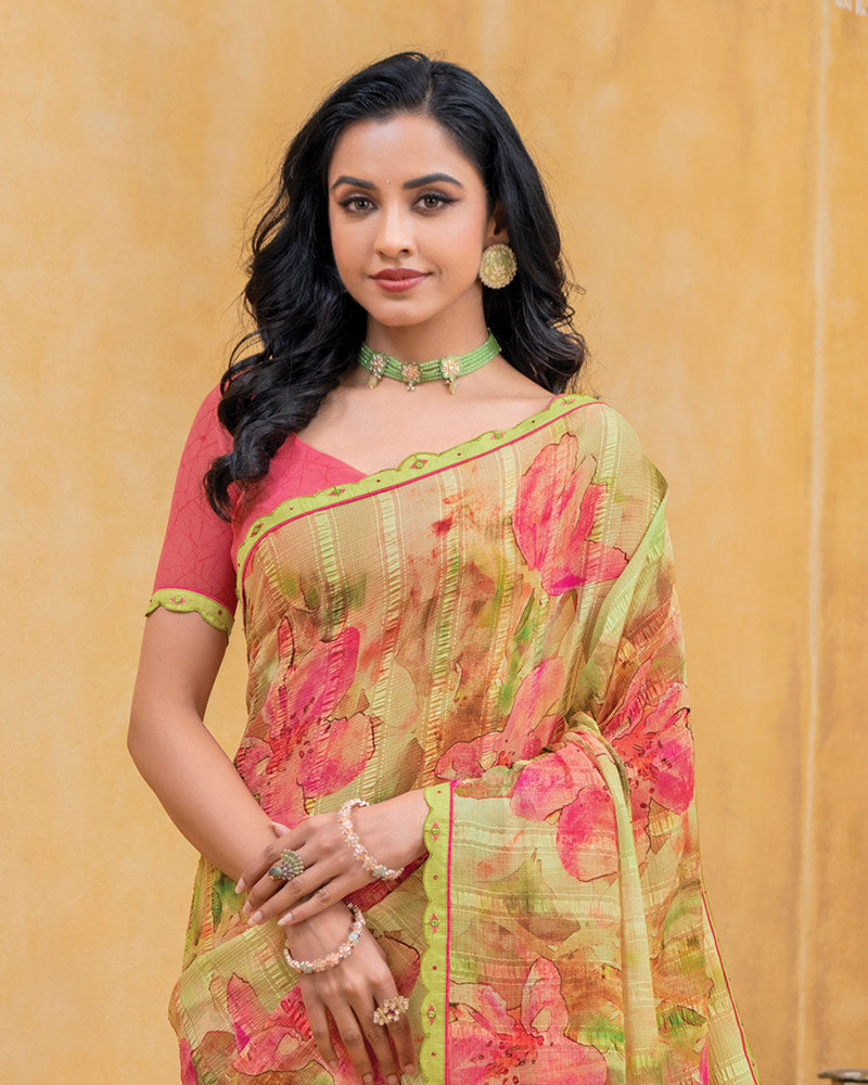 Vishal Prints Pistachio Green Floral Patterned Chiffon Digital Print Saree With Fancy Border