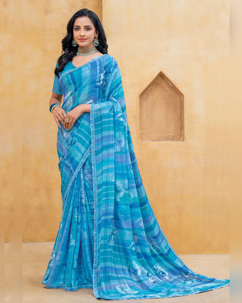 Vishal Prints Sky Blue Patterned Chiffon Digital Print Saree With Fancy Border