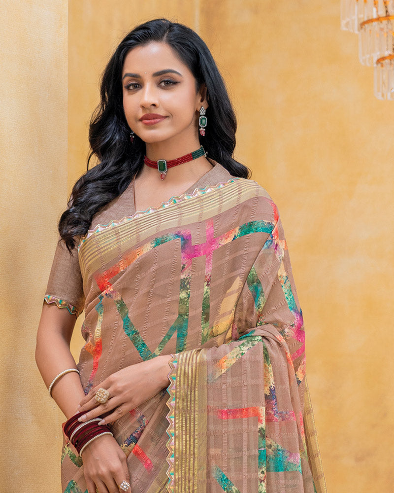 Vishal Prints Taupe Brown Patterned Chiffon Digital Print Saree With Fancy Border