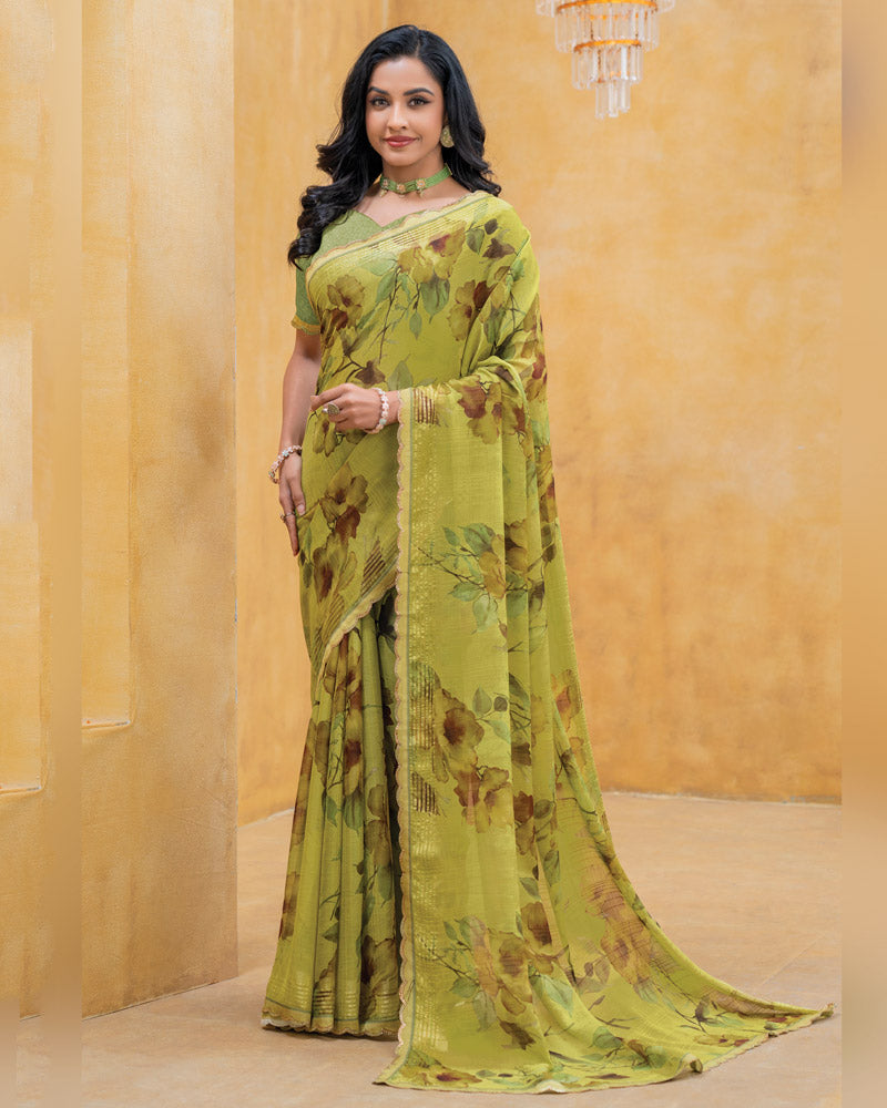 Vishal Prints Olive Green Patterned Chiffon Digital Print Saree With Fancy Border