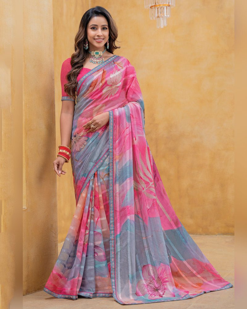 Vishal Prints Dusty Pink And Grey Patterned Chiffon Digital Print Saree With Fancy Border