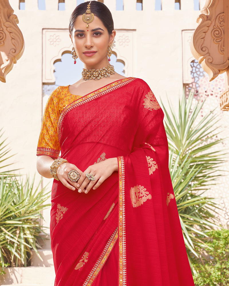 Vishal Prints Persian Red Designer Chiffon Saree With Foil Print And Fancy Border
