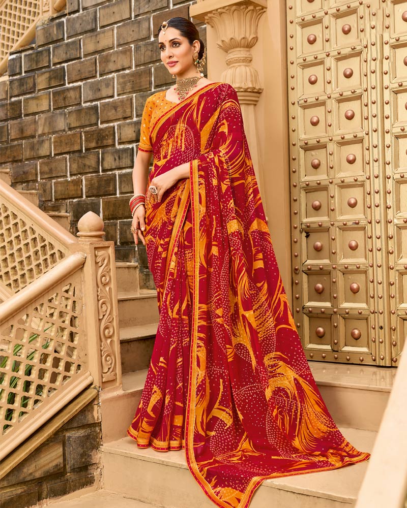 Vishal Prints Dark Brick Red Printed Georgette Traditional Print Saree With Embellished Diamond Work And Fancy Border