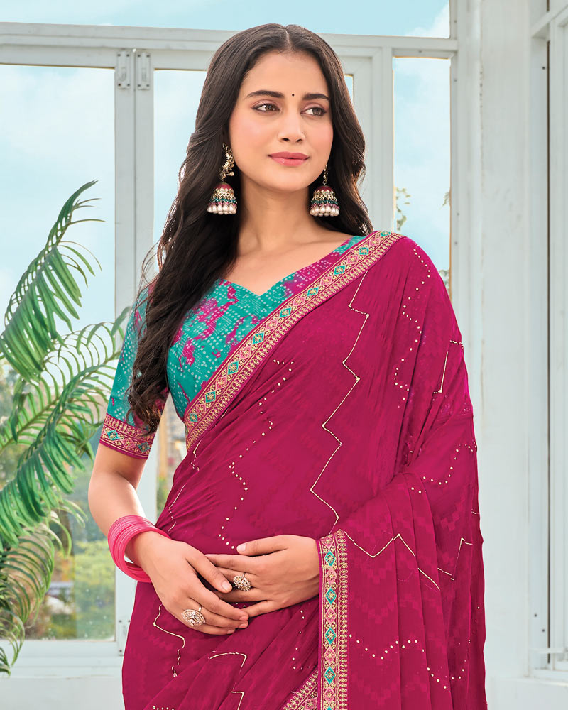 Vishal Prints Purplish Red Designer Fancy Chiffon Saree With Embellished Work And Embroidery Fancy Border