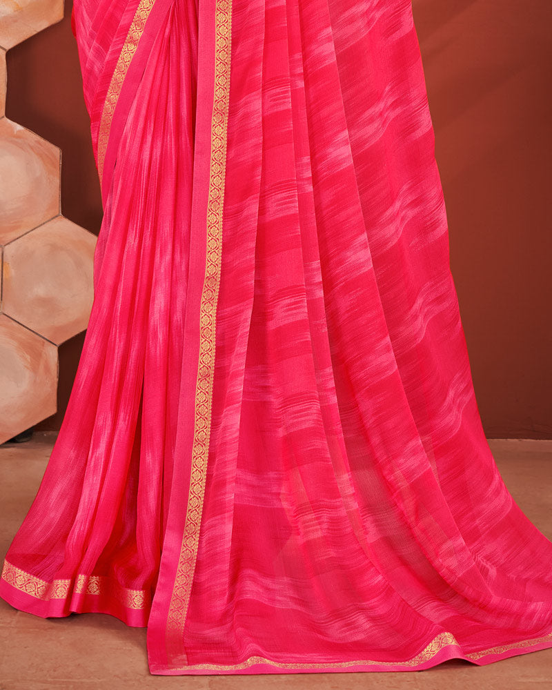 Vishal Prints Red Pink Printed Chiffon Saree With Zari Border