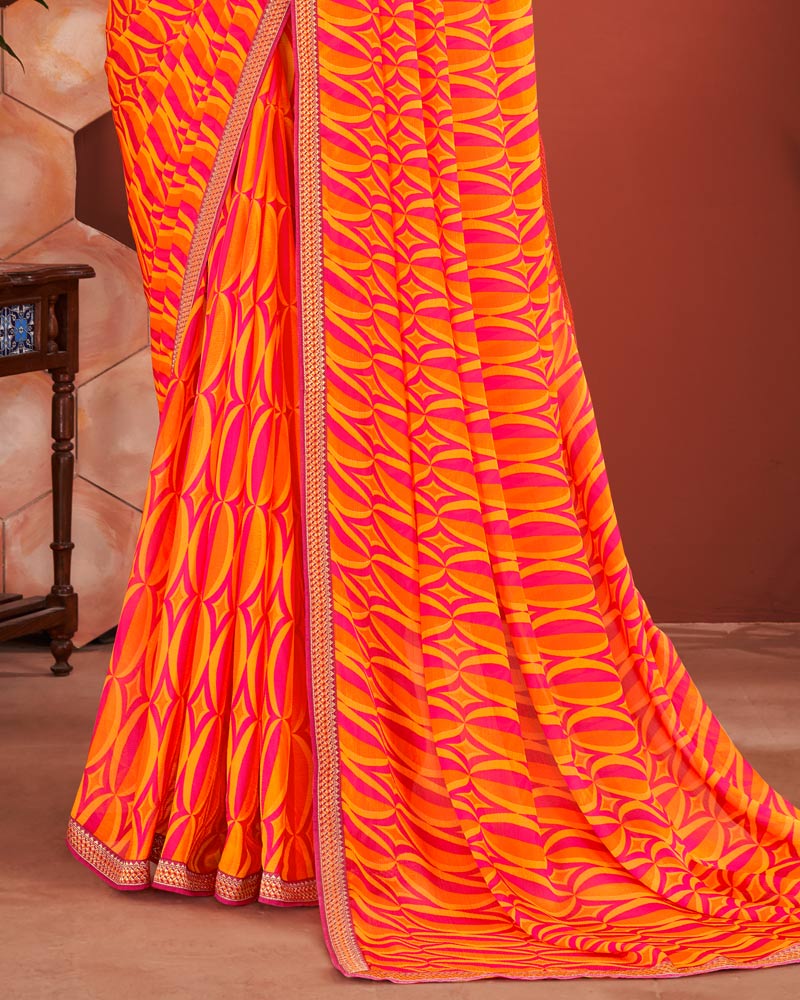 Vishal Prints Yellowish Orange Printed Chiffon Saree With Zari Border