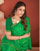 Vishal Prints Dark Green Printed Chiffon Saree With Zari Border