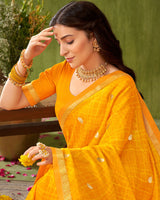 Vishal Prints Golden Yellow Printed Chiffon Saree With Foil Print And Zari Border