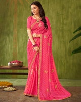 Vishal Prints Dark Pink Printed Chiffon Saree With Foil Print And Zari Border