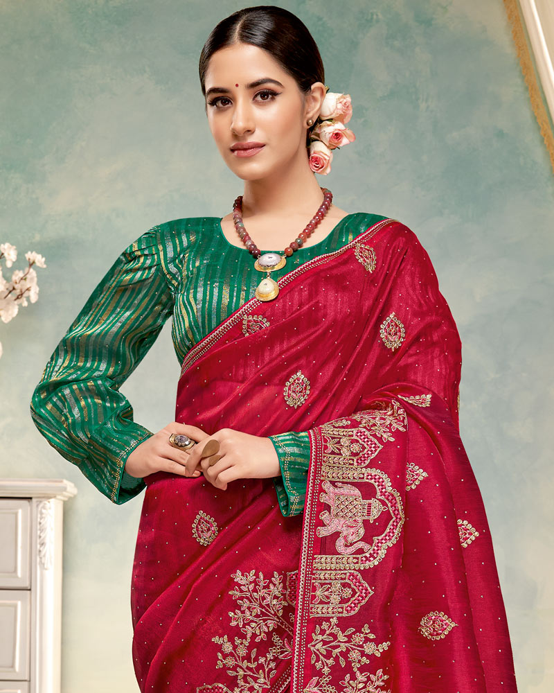Vishal Prints Lipstick Red Designer Tissue Organza Saree With Embroidery-Diamond Work And Cut Work Border