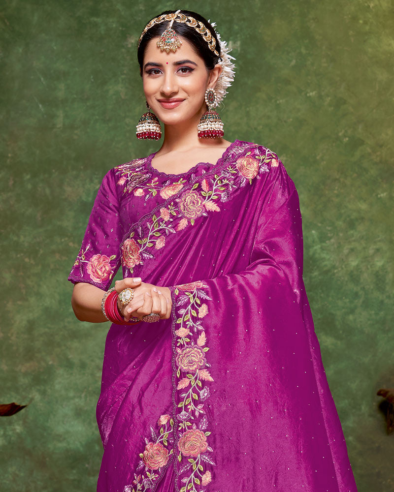 Vishal Prints Dark Fuchsia Designer Crushed Tissue Saree With Embroidery-Diamond Work And Cut Work Border