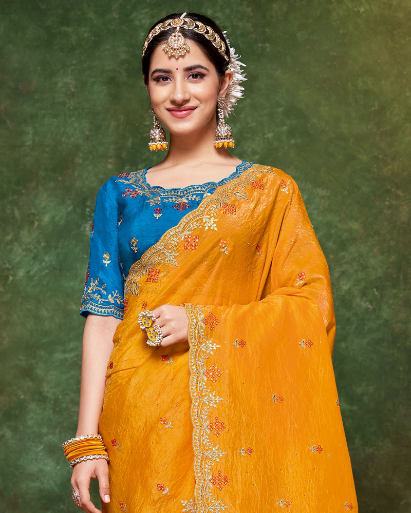 Vishal Prints Pumpkin Orange Designer Crushed Tissue Saree With Embroidery-Diamond Work And Cut Work Border