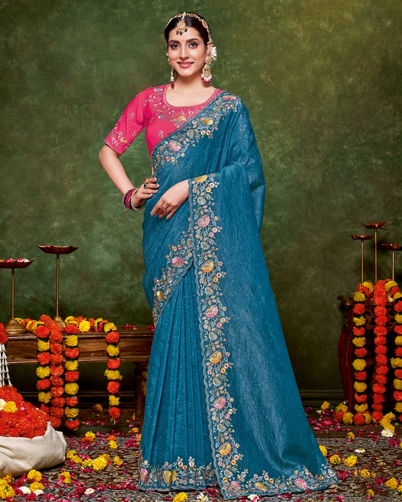 Vishal Prints Peacock Blue Designer Crushed Tissue Saree With Embroidery-Diamond Work And Cut Work Border