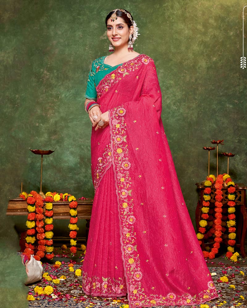Vishal Prints Deep Rose Pink Designer Crushed Tissue Saree With Embroidery-Diamond Work And Cut Work Border