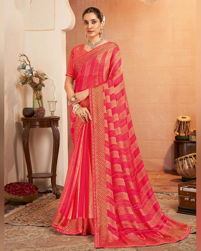 Vishal Prints Deep Coral Red Printed Brasso Saree With Diamond Work And Fancy Border
